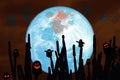 Super harvest moon and silhouette cactus tree in the desert on n