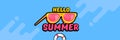 Super Hello summer vector banner with text and retro yellow sunglasses isolated on blue water background. Hello summer Royalty Free Stock Photo