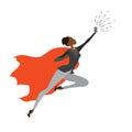 Super Hero african amercan woman in the fly with smart phone Royalty Free Stock Photo