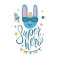 Super hero bunny cute baby print. Sweet rabbi tface with funny costume, mask and cape among stars and rocket. Fashion