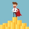 Super hero businessman standing on money stack. Royalty Free Stock Photo