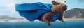 Super hero capybara with blue cape. AI generative illustration Royalty Free Stock Photo