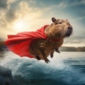 Super hero capybara with red cape. AI generative illustration Royalty Free Stock Photo