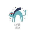 Super hero. Cartoon cat, hand drawing lettering, decor elements on a neutral background. Colorful vector illustration for kids, fl Royalty Free Stock Photo