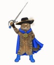 Cat in a blue cloak holds a sword