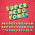 Super hero comics font. Comic graphic typography, funny supers heros alphabet and creative fonts letters symbol vector set