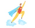 Super hero costume flat cartoon vector illustration isolated on white, superhero male character jumps on clouds. Royalty Free Stock Photo