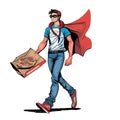 Super hero delivering pizza. The guy in the red coat carries pizza to the customer
