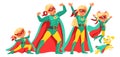 Super hero family. Happy parents with children and pets in colorful costumes. Comic characters. Strong mother and father