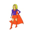 Super hero girl with long cape is standing