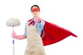 Super hero holding mop pointing at camera