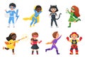 Super hero kids set, children in colorful costumes for party Royalty Free Stock Photo