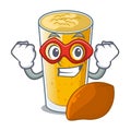 Super hero lassi mango in a cartoon bottle