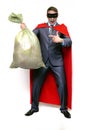 Superhero cleaner in red cape and mask. Royalty Free Stock Photo