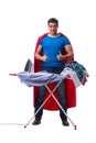 The super hero man husband ironing isolated on white Royalty Free Stock Photo