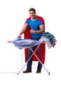 The super hero man husband ironing isolated on white Royalty Free Stock Photo