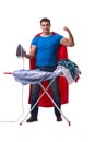 The super hero man husband ironing isolated on white Royalty Free Stock Photo