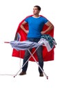 The super hero man husband ironing isolated on white Royalty Free Stock Photo