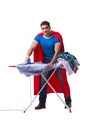 The super hero man husband ironing isolated on white Royalty Free Stock Photo