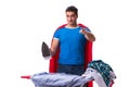 The super hero man husband ironing isolated on white Royalty Free Stock Photo