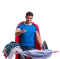 Super hero man husband ironing isolated on white Royalty Free Stock Photo