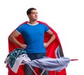 Super hero man husband ironing isolated on white Royalty Free Stock Photo