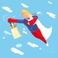 Super hero modern father flying sky clowds child in hand character flat design vector illustration