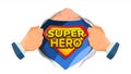 Super Hero Sign Vector. Superhero Open Shirt To Reveal Costume Underneath With Shield Badge. Isolated Flat Cartoon Comic