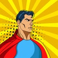 Super hero. Vector illustration of strong man in red cape. Comic book illustration Royalty Free Stock Photo