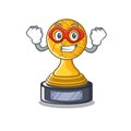 Super hero volleyball cartoon trophy in mascot cupboard Royalty Free Stock Photo