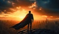 A super hero wearing a long red cape and boots standing on the top of a tall building looking at a metropolis city Royalty Free Stock Photo