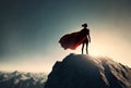 Super hero woman on top of a mountain. Generative ai Royalty Free Stock Photo