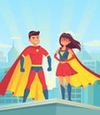 Super heroes. Comic couple superhero, cartoon man and woman in red cloaks on roof of city. Justice vector concept Royalty Free Stock Photo