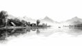 Super High Detail Lake Scene: Black And White Vector Art Illustration