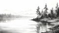 Super High Detail Lake Scene: Black And White Vector Art