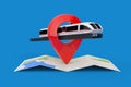 Super High Speed Futuristic Commuter Train over Folded Abstract Navigation Map with Target Pin Pointer. 3d Rendering