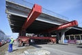 The super jack Mammoet removing an old bridge section. Demolitiong of the Shuliavskiy overpass. Kyiv, Ukraine