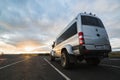 SKOGAR, ICELAND - AUGUST 2018: Super jeep bus with big wheels on the road during the sunset in Iceland