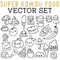 Super Kawaii Food Vector Set with bread, berries, bananas, pizza, mushrooms, popsicles, drinks, envelopes, and ice cream.