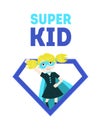 Super Kid Banner, Cute Girl in Superhero Costume and Mask, Birthday Invitation Card Template Vector Illustration