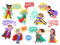 Super kids with comic speech bubbles. Children with color capes and masks. Funny brave boys and girls characters in