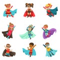 Super kids set, boys and girls in superhero costumes colorful vector Illustrations