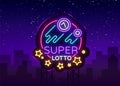 Super loto neon sign. Bingo lotto logo in a neon style, bright symbol, lototron, neon banner, bright night advertising