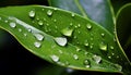 Super macro shot captivating raindrops on vibrant green leaf, revealing natures artistry