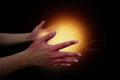 Magic power electric ball in two hands of wonderful man Royalty Free Stock Photo