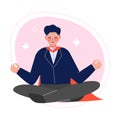 Super Man in Red Cape Meditating in Lotus Position, Successful Superhero Business Person Character, Leadership