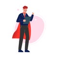 Super Man in Red Waving Cape Raising Up His Finger Giving Advice, Successful Superhero Business Person Character Royalty Free Stock Photo