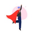 Super Man in Red Waving Cape Rising His Hand, Successful Superhero Business Person Character, Leadership, Challenge Goal
