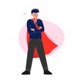 Super Man in Red Waving Cape Standing with Folded Hands, Successful Superhero Business Person Character, Leadership