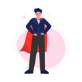 Super Man in Red Waving Cape Standing with Hands on His Waist, Successful Superhero Business Person Character Royalty Free Stock Photo